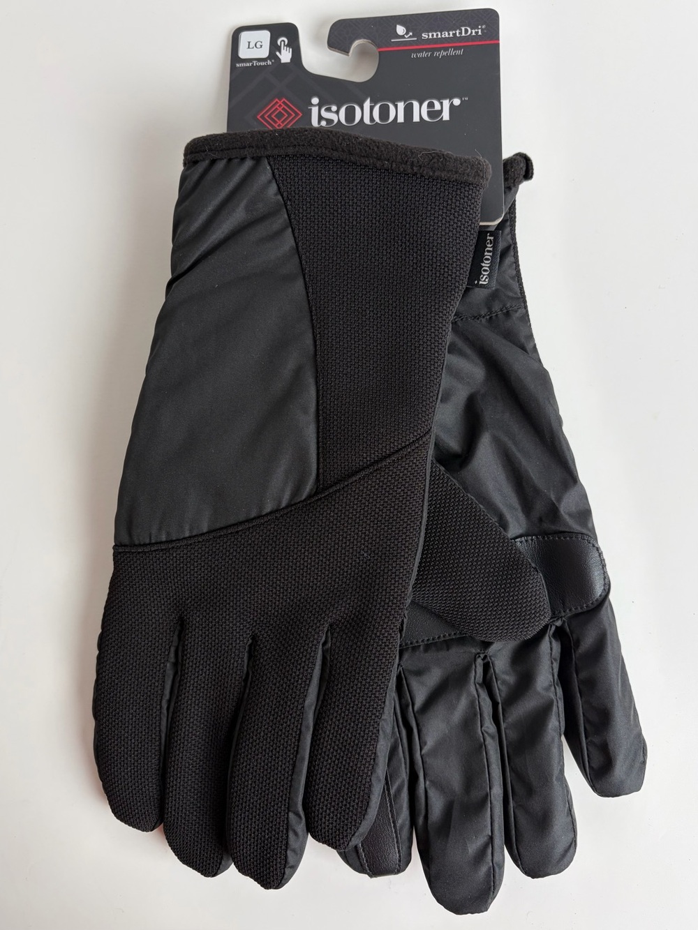 NWT Isotoner SmartDri Water Repellent Touchscreen Black Winter Gloves Sz L Lined
